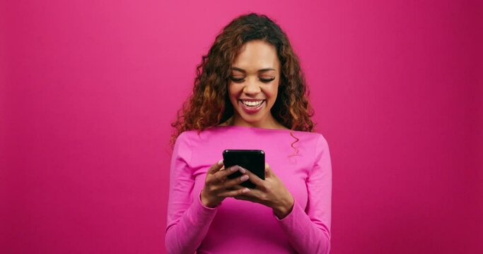 Shocked young woman gets successful match on dating profile, studio hearts