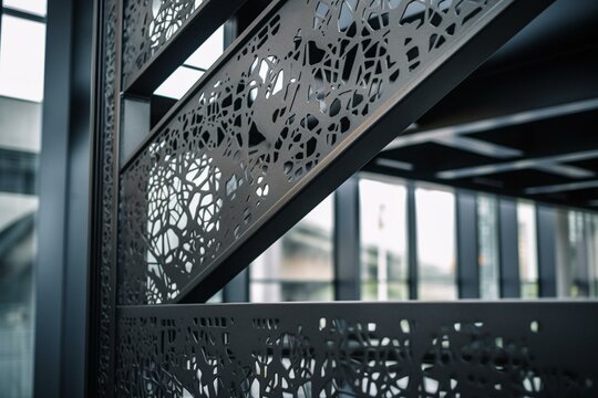 Patterned metal frame in steel construction, showcasing architectural detailing in the background. Generative AI