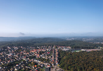 Aerial autumn skyline landscape of Spiesen-Elversberg, Neunkirchen, Saarland, Germany