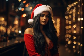 East Indian Female As Christmas St Nick Winter Backdrop Generative AI - obrazy, fototapety, plakaty