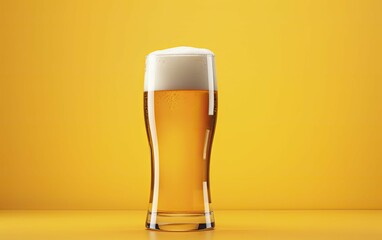 Beer glass with full beer isolated with a yellow background. AI Generated