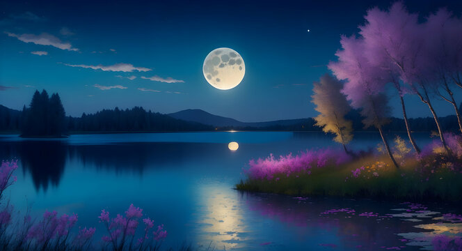 Full moon over the forest lake. 3d rendering. Computer digital drawing.