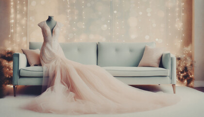 immagine con elegante abito da sera femminile su un manichino, divano, ambiente lussuoso e raffinato
