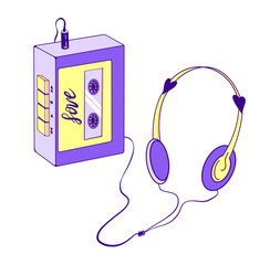 Retro audio music player with headphones. Vintage  90s audio tape recorder vector illustration. Nostalgia for 1990s.