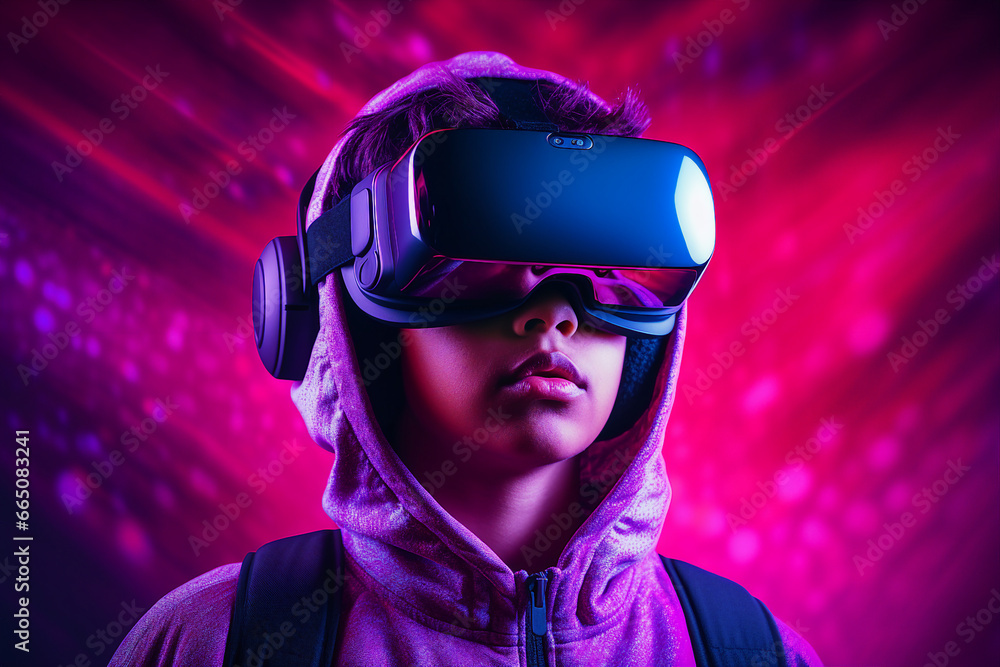 Poster man headset user wearing vr glasses watching surreal colorful fantasy world made with generative ai 