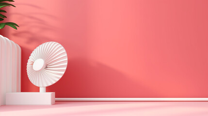 An illustration of white plastic electric fan on pink background with copy space