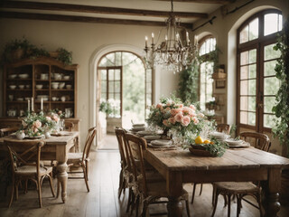 Fototapeta na wymiar French country-inspired dining room with a rustic farmhouse table, ladder-back chairs, and floral tableware. Home interior design with provincial charm.