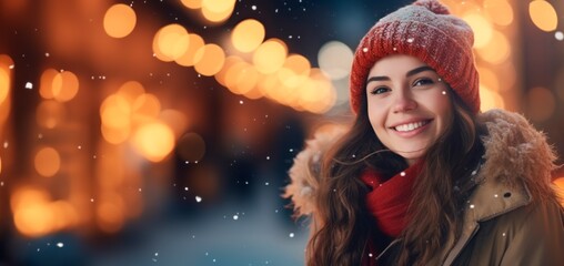 a woman looking at christmas lights at a christmas market, on the snow in winter city, holiday spirit, snowy weather, Christmas concept, copy space for text
