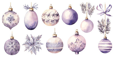 set of christmas balls and decorative ornaments purple lavender color