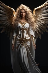 Golden locks. Golden curly long hair. White garments. Gold finishing. Isolated black background. White angel wings. Angel, archangel, angel of light, celestial being. archangel, cherub, seraph. 
