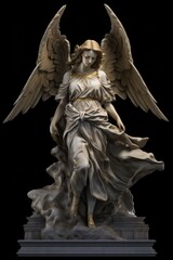 Catholic stone marble granite angel statue. Isolated black background. White angel wings. Angel, archangel, angel of light, celestial being. archangel, cherub, seraph. Gold and marble. Full view. 