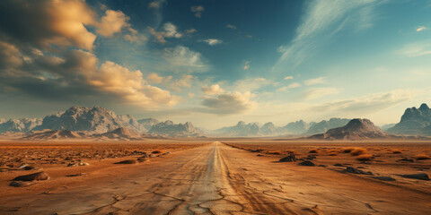 An empty dirt road leading to the mountains - obrazy, fototapety, plakaty