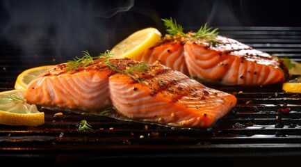 Gourmet cutlet of fresh salmon seasoned with herbs, spices, and lemon zest grilling on a griddle. - obrazy, fototapety, plakaty