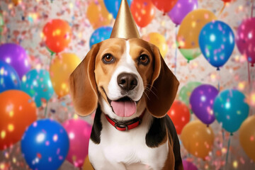 Beagle with party hat, balloons background