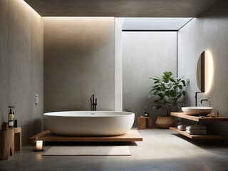 Fototapeta na wymiar Modern minimalistic bathroom with concrete walls, a floating vanity, and a rainfall shower. Sleek home interior design with a focus on simplicity.