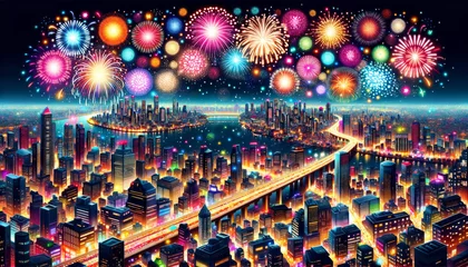 Fotobehang A dazzling display of vibrant fireworks illuminating the night sky over a bustling city, marking the start of a joyous new year and sending merry christmas wishes with their brilliant light © Glittering Humanity