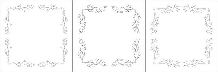 Set of three vector frames with spring trees. Elegant black and white monochrome ornamental corners. Vector frame for all sizes and formats. Isolated vector illustration.