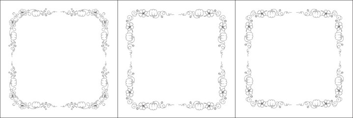 Set of three vector frames with pumpkins and Nasturtium flowers. Elegant black and white monochrome ornamental corners. Vector frame for all sizes and formats. Isolated vector illustration.