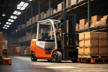 An industrial forklift moving boxes in a spacious warehouse