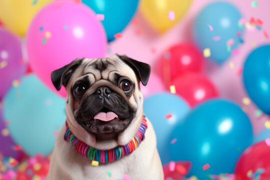 Pug with party hat, balloons background