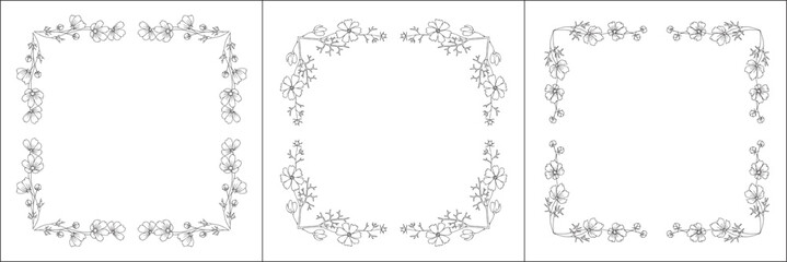 Set of three vector frames with cosmos flowers. Elegant black and white monochrome ornamental corners. Vector frame for all sizes and formats. Isolated vector illustration.