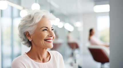 Smiling senior woman with new dental implants sitting in white dental office. Banner with happy healthy old lady in medical clinic with copy space for text. An elegant elderly woman visits a doctor. - obrazy, fototapety, plakaty