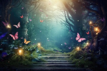 A vibrant butterfly-filled forest with a picturesque stairway