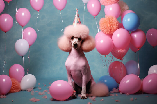 Pink poodle with party hat, balloons background