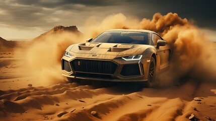 Racing car rushing through the desert at high speed, kicking up huge dust and sand under the wheels when turning, rally off road - obrazy, fototapety, plakaty