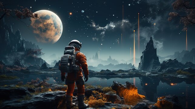 Astronaut looking at planet Earth from an unknown planet, feeling homesick