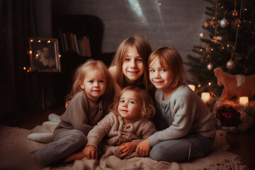 Four sisters are smile with Christmas tree and lights background. Christmas and New Year's mood