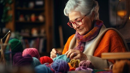 A caring grandmother knits warm winter clothes from yarn for her grandchildren