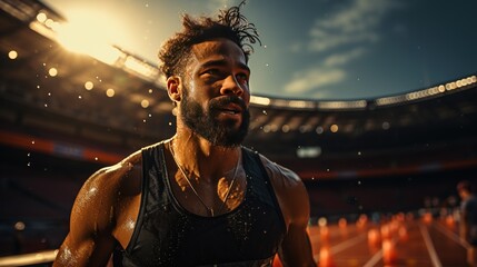A tired but satisfied athlete has run a difficult distance on a sports track and is waiting for the result of his time - obrazy, fototapety, plakaty