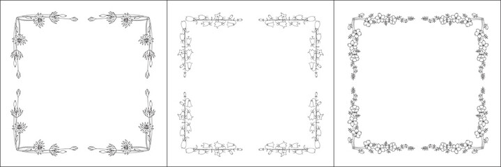 Set of three vector frames with flowers. Elegant black and white monochrome ornamental corners. Vector frame for all sizes and formats. Isolated vector illustration.