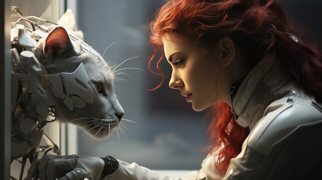 Cyborg red girl with her cyborg big white cat from a fantastic future