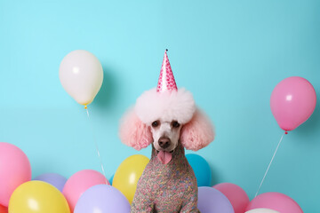 Poodle with party hat, balloons background