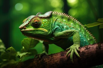 Obraz premium A vibrant green chameleon perched on a branch in a lush forest