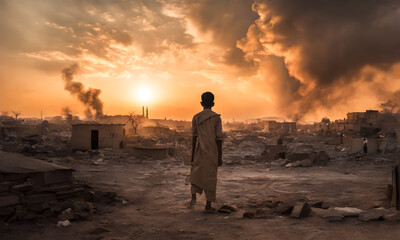 back view of The Arab little Boy was looking and walking of The war-torn city was left with burnt remains and smoke. concept of peace of war. effects of war, The atrocities of war.