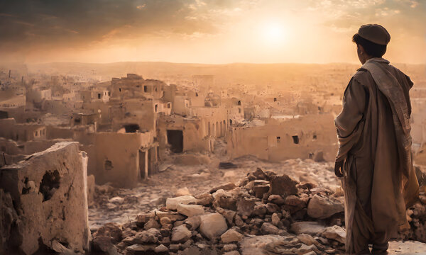 back view of The Arab little Boy was looking and walking of The war-torn city was left with burnt remains and smoke. concept of peace of war. effects of war, The atrocities of war.