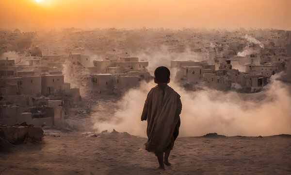 back view of The Arab little Boy was looking and walking of The war-torn city was left with burnt remains and smoke. concept of peace of war. effects of war, The atrocities of war.