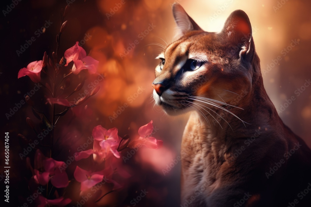 Poster  a close up of a cat with flowers in the background.  generative ai