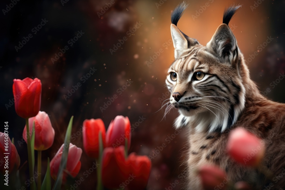 Poster a painting of a cat in a field of red tulips. generative ai