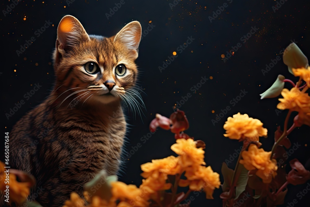 Poster a cat sitting in a field of flowers with a dark background. generative ai