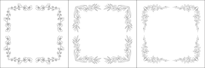 Black and white vegetal ornamental frame with exotic flowers, decorative border, corners for greeting cards, banners, business cards, invitations, menus. Isolated vector illustration.	