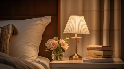 Cozy Retreat: An inviting bedroom setting with a stylish lamp, a book, and glasses on the nightstand. Design your ideal reading corner for relaxation and leisure
