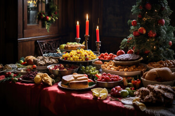 A table full of food and treats in a bright, warm and happy celebrating Christmas.