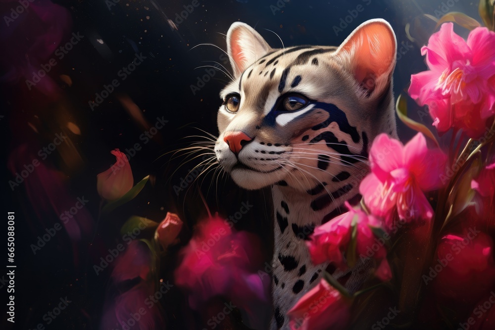 Poster a close up of a cat with flowers in the background. generative ai
