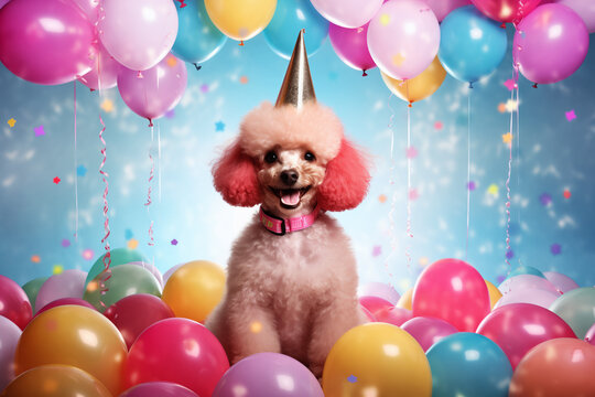Pink poodle with party hat, balloons background