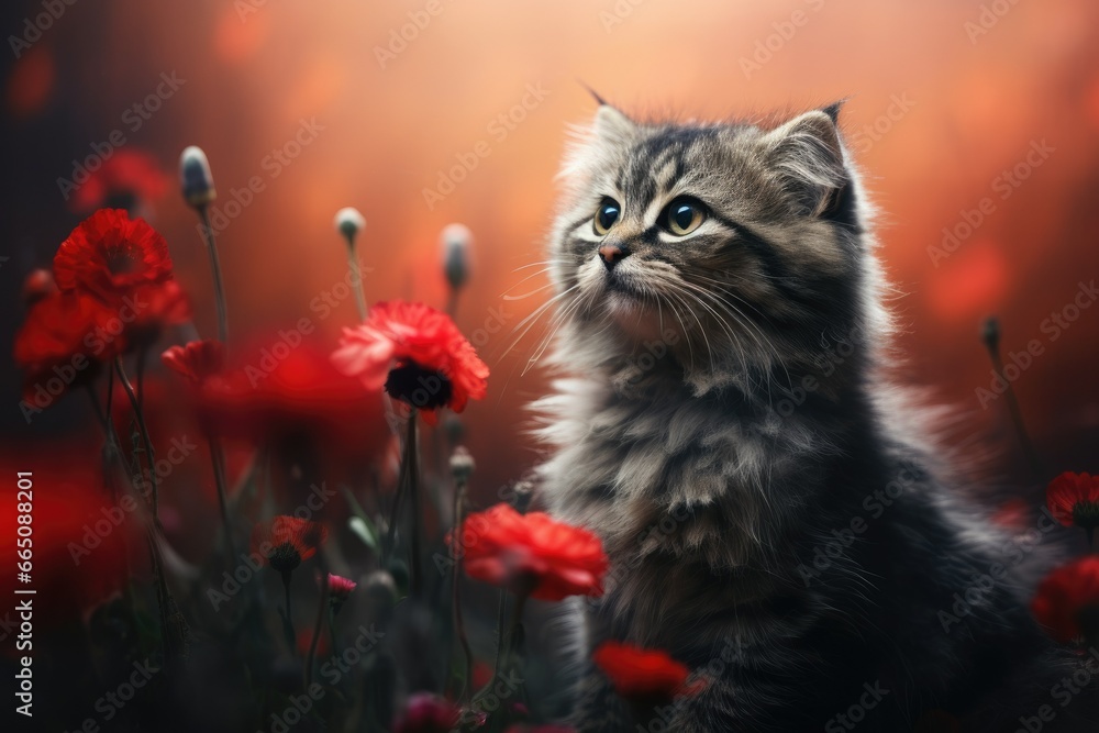 Poster a cat sitting in a field of flowers with a red background. generative ai