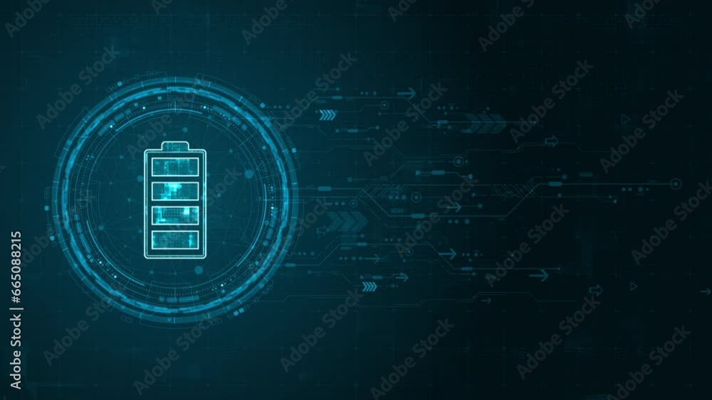 Poster motion graphic of blue digital battery logo and circle futuristic hud elements with flowing arrows w